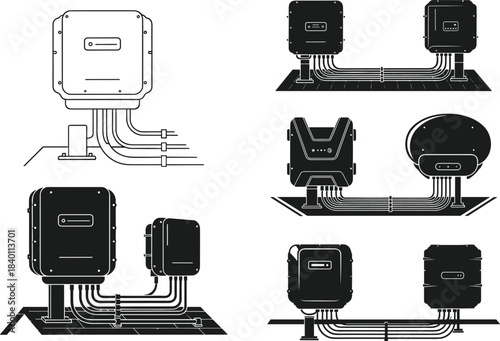 Solar inverter boxes, electrical enclosures, cable management, wall mounted, solar system components, flat vector
