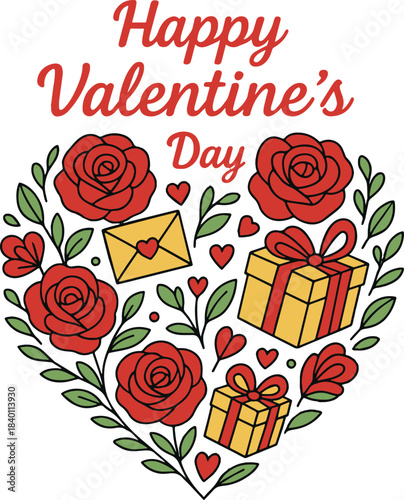 Colorful vector Valentine’s Day card featuring a heart made of roses, love letters and gift boxes in red, yellow and green tones. Perfect for romantic designs, holiday greetings and festive decoration
