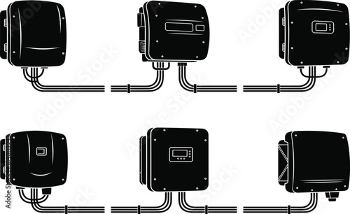 Solar inverter silhouettes, conduit wiring systems, renewable energy devices, power conversion units, installation icons - flat vector