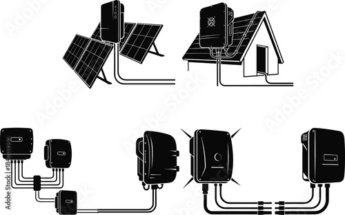 Solar inverters, rooftop and pole-mounted systems, energy conversion units, power distribution setups, cable connections, flat vector