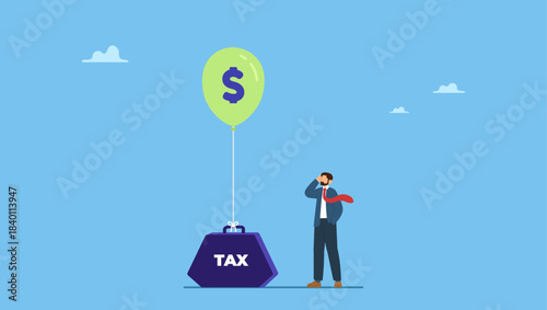 Businessman looking at green balloon with dollar money sign, cannot rising up cause of heavy tax burden. Tax burden, taxation problem for wealth accumulation.