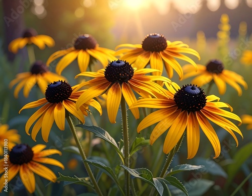 Group of vibrant yellow black-eyed Susans bathed in golden sunlight, showcasing intricate details of petals and dark centers