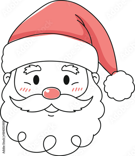 Cute cartoon illustration of Santa Claus face with rosy cheeks and curly white beard for holiday fun