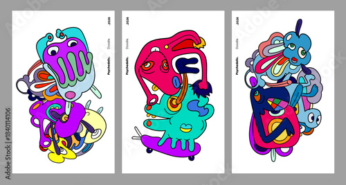 Abstract colorful doodle art design, psychedelic cartoon, pattern seamless background texture vector