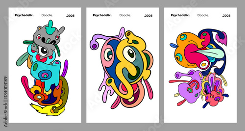 Abstract colorful doodle art design, psychedelic cartoon, pattern seamless background texture vector