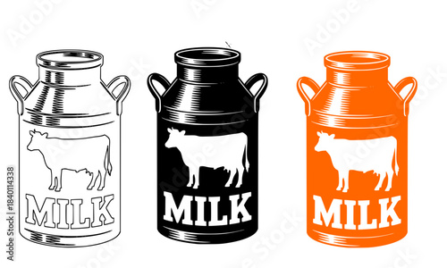 Set of Milk Can Illustrations with Cow Silhouette, Three Styles: Line Art, Solid Black, and Orange Monochrome, Dairy Farm and Agricultural Product Vector Icon