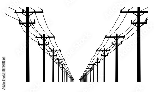 Silhouette of Electric Power Lines and Utility Poles Creating Perspective, Black and White Transmission Grid Infrastructure on a White Background, Energy and Telecommunications Vector Illustration