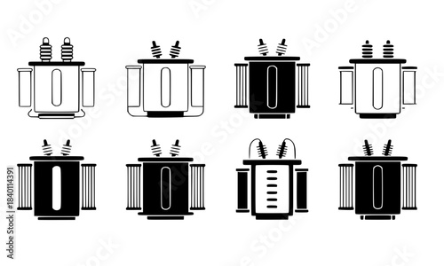 Set of Eight Electric Power Transformer Silhouettes and Line Art Icons, Voltage Regulator Equipment Vector Collection, Industrial Energy and Electricity Supply Symbols