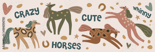 Whimsical Horses with Playful Expressions Vector Illustration. Featuring various textures and patterns, these horses add a lively touch with hearts and stars.