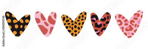 Vector illustration displaying five colorful heart patterns with contrasting leopard print designs. Ideal for Valentine's Day design and creative projects