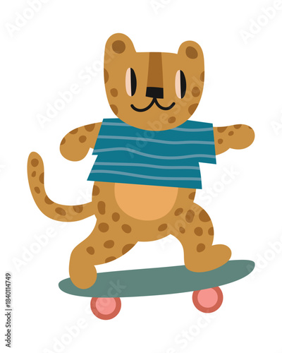 Cute Leopard Skating Vector Illustration. Vector illustration of a cheerful cartoon leopard on a skateboard wearing a blue striped shirt.