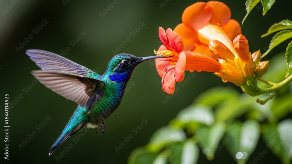 Naklejka premium Detailed Hummingbird Hovering Near Vibrant Flower Bloom