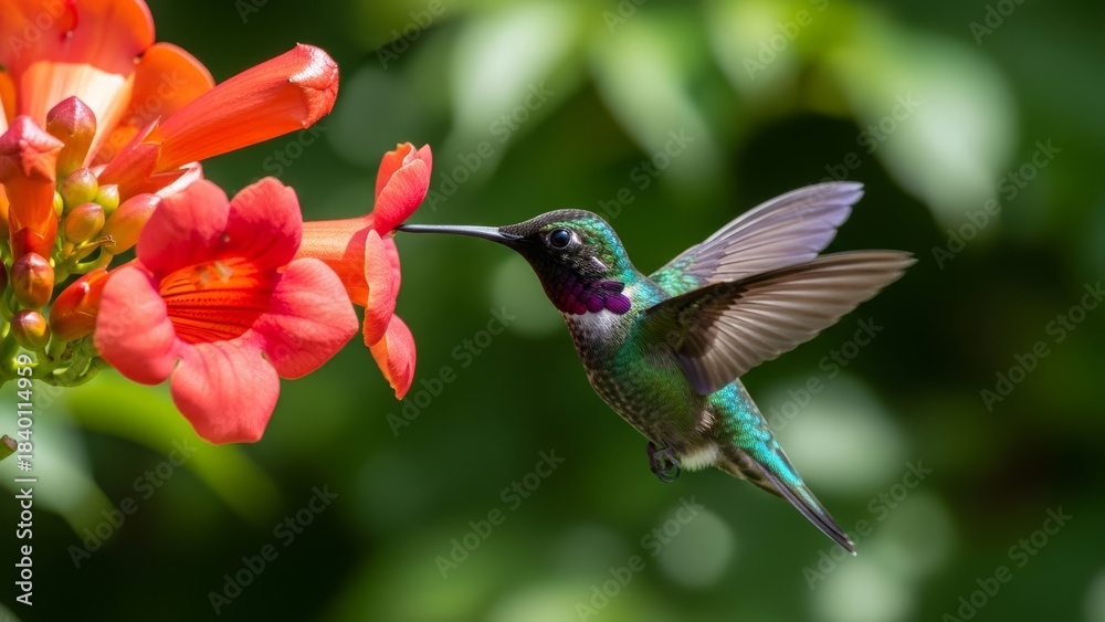 Naklejka premium High-Speed Hummingbird Hovering Near Vibrant Blossom