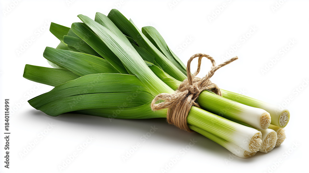 Obraz premium bundle of fresh green onions with white stalks, bound by twine. Vibrant green leaves spread outward, perfect for market displays, cooking, or grocery showcases, conveying freshness and natural produce