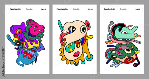 Abstract colorful doodle art design, psychedelic cartoon, pattern seamless background texture vector