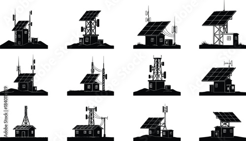 Solar-powered telecom tower silhouettes, remote communication huts, renewable energy antennas, off-grid infrastructure designs - flat vector