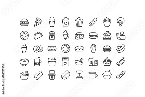 Snack, Burger and Pizza Line Icons for Digital Menus, Food Apps and Restaurant Interfaces