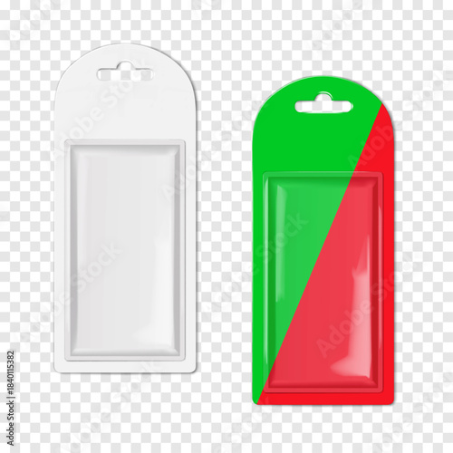 Euro hole rounded top cardboard and clear plastic rectangle blister box. Realistic 3d vector mock-up. Hanging blank transparent package to display product. Easy editable mockup. Template for design