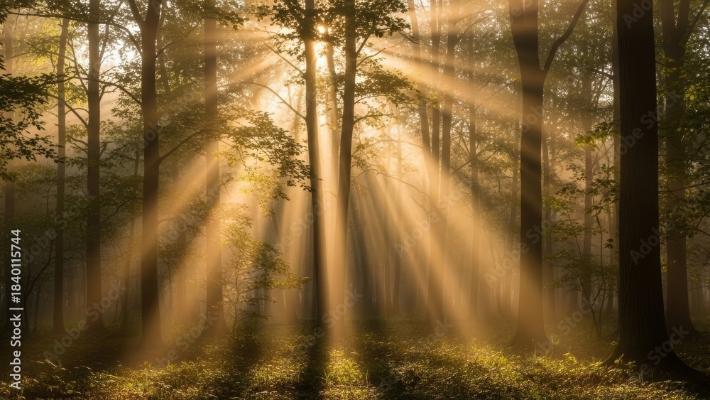 Fototapeta premium Ethereal Golden Sunlight Piercing Misty Ancient Forest