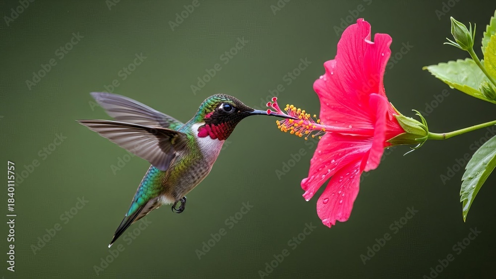 Naklejka premium Dynamic Hummingbird Hovering Near Vibrant Flower