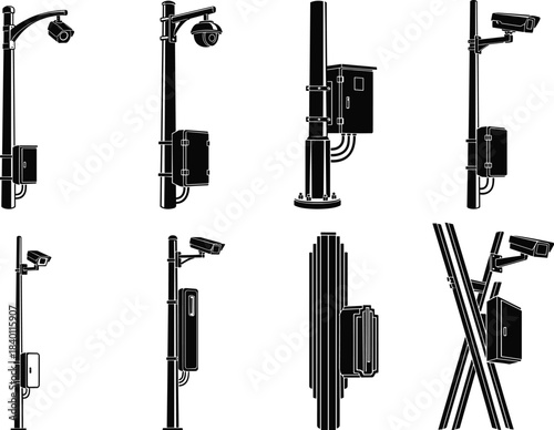 Surveillance camera pole silhouettes, security system icons, urban monitoring infrastructure set, safety equipment design - flat vector