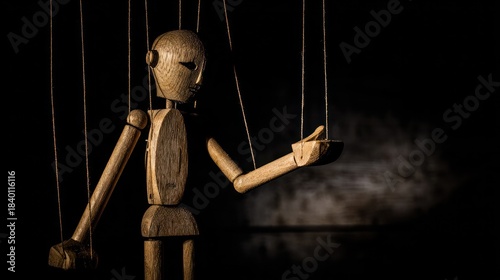 Broken marionette hanging mid-air with dramatic side light. wellbeing guides, coaching materials, designed for coaching and self-improvement content, used by teachers.