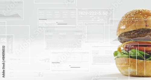 Right bun edge appearing sesame bun burger sliding left stacking layers, panels overlaying for demo