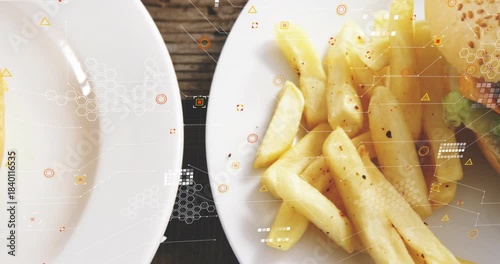 HUD appearing, camera panning left, plates shifting, sesame bun moving center, overlays guiding