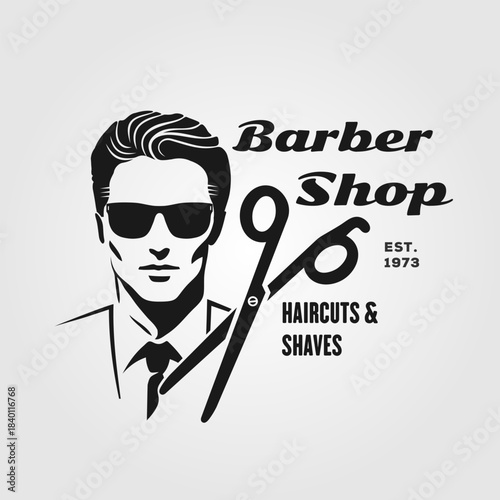 Vintage Barbershop Emblem Featuring Stylish Man and Classic Grooming Tools. Vector illustration