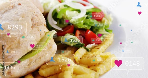 Small like bubble sparking social bubbles popping over sandwich and fries, boosting engagement
