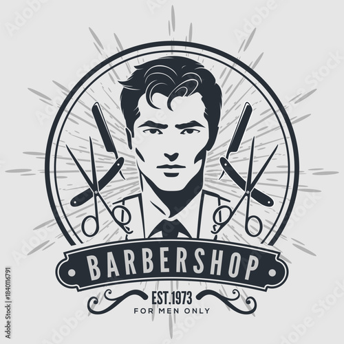 Vintage Barbershop Emblem Featuring Stylish Man and Classic Grooming Tools. Vector illustration