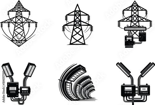Transmission tower and street light silhouette set, urban lighting, power infrastructure icons, black design, flat vector
