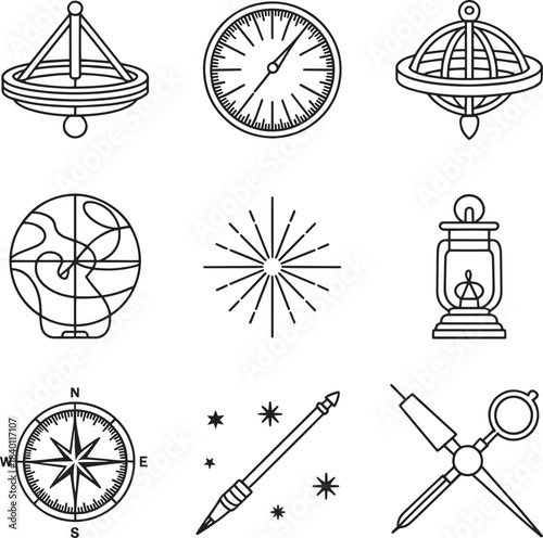 Navigation and scientific instruments line icons collection with vintage nautical elements