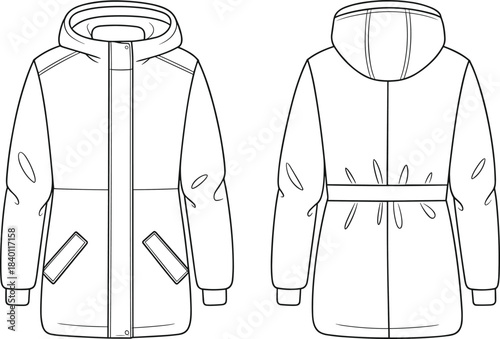 Cad drawing flat vector, hooded winter coat sketch, fashion design template, garment construction outline, clothing mockup, editable illustration, front and back view, flap pockets