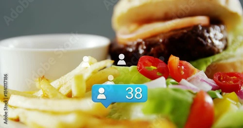Blue bubble popping over fries avatars rising to burger count rising camera zooming showing likes