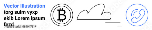 Cryptocurrency, blockchain, cloud storage, network systems, communication tools, financial technology. Bitcoin symbol, cloud shape phone icon. Cryptocurrency and blockchain-focused design