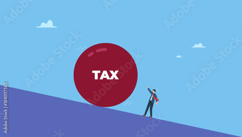 Big heavy tax ball rolling down hill to depressed and panic businessman worker. Tax payment deadline mistake or no financial planning for tax exempt investment.