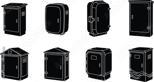 Utility box silhouettes, electrical enclosures, telecom cabinets, infrastructure housing units, outdoor panel designs, flat vector