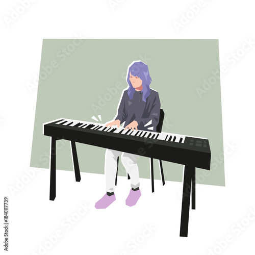 Cartoon female musician playing keyboard, digital piano. Flat vector illustration.