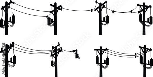 Utility pole silhouette set, electrical transformers, power lines, distribution system, infrastructure elements, flat vector