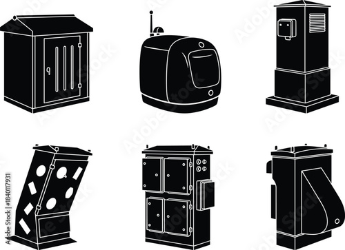 Utility enclosure silhouette set, electrical infrastructure boxes, control cabinets, vented units, black layout, flat vector