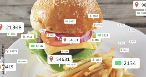 Single overlay label showing near burger, spawning icons gathering and marking toppings then fading
