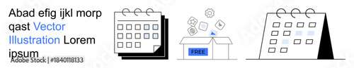 Time management, organization, productivity, planning, business tools, free resources. Calendar and planner displays with icons of free distribution. Time management and organization concept