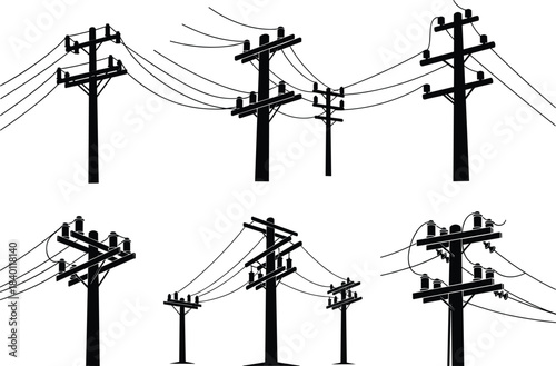 Utility pole silhouettes, overhead wire structures, electrical crossarms, power line configurations, infrastructure icons, grid components - flat vector