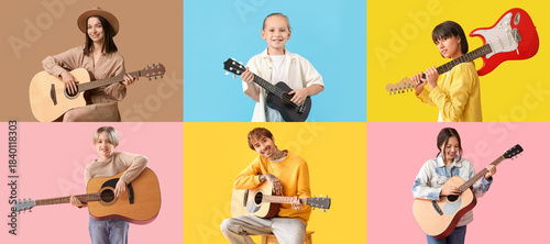 Collage of different people with guitars on color background