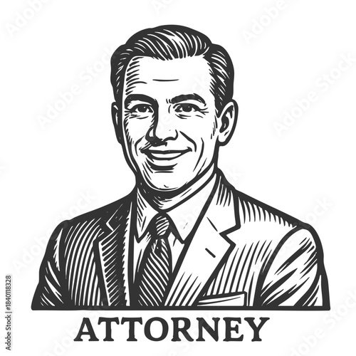 smiling male attorney in a suit and tie sketch engraving generative ai fictional character vector illustration. Scratch board imitation. Black and white image.
