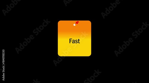 Fast Sticky note Animation with black background.Animated sticky note with pin in flat icon style, suitable for memo, reminder, and workplace communication concept.