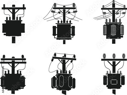 Utility pole transformer silhouette set, electrical distribution units, insulator wiring icons, black layout, flat vector