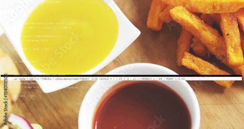 Glitch bar sliding starting burger sliding in layers revealing, fries and sauces highlighting menu