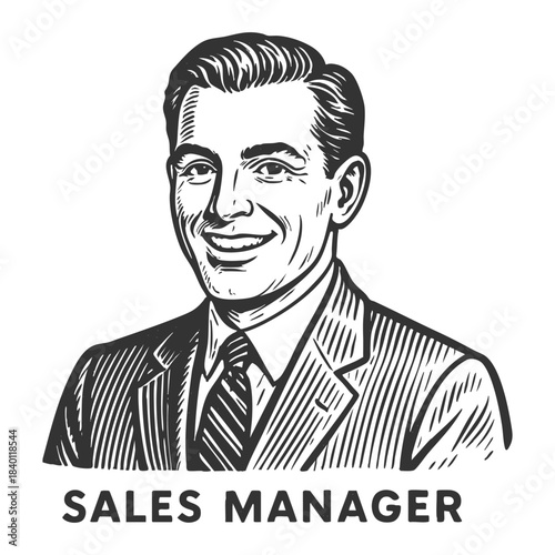 smiling male sales manager in a suit, ideal for business, leadership, or marketing themes sketch engraving generative ai fictional character vector illustration. Scratch board. Black and white image.